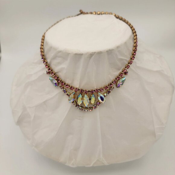 Vintage Pink and Aurora Borealis Rhinestone Choker Necklace - Picture 7 of 9